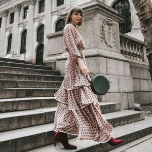 Sister Jane | Backrush Tiered Ruffle Maxi Dress Small Pink Green Lace